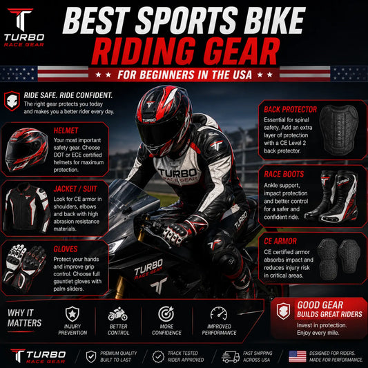 Best sports bike riding gear for beginners in the USA featuring Turbo Race Gear motorcycle apparel with CE armor, riding gloves, race boots, back protector, and beginner rider safety equipment.