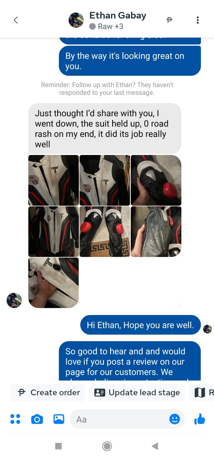 Text conversation with images of shoes on a social media platform