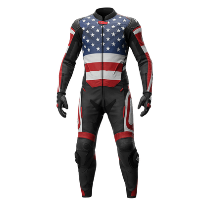 Motorcycle racing suit with American flag design on a white background