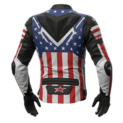 Back view of a sport motorcycle jacket featuring the American flag and star logo.
