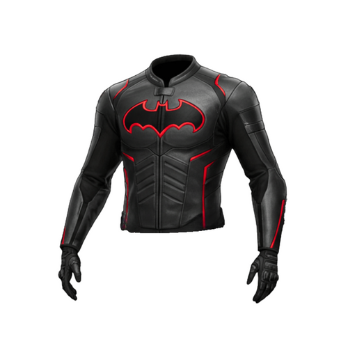 Black leather jacket with red bat symbol on a white background