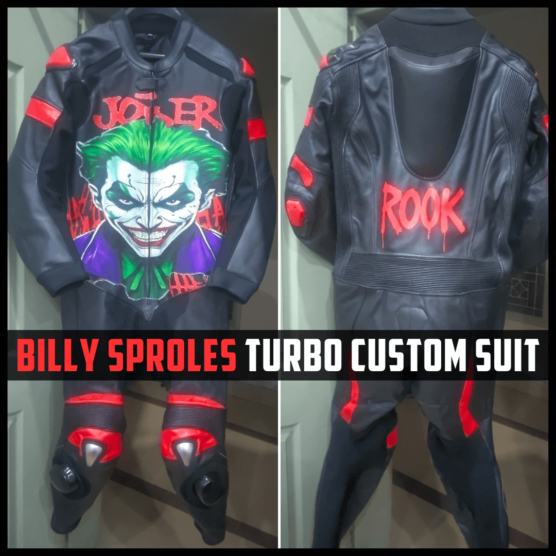 Turbo custom suit with Joker design and 'BILLY SPROLES' branding.