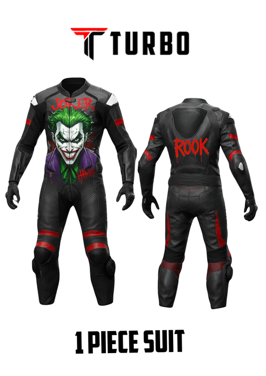 Motorcycle suit with Joker design and 'Turbo' branding on a white background