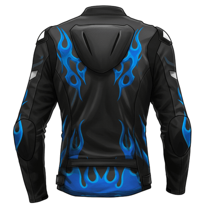 Back view of a black motorcycle jacket with blue flame graphics, hood, and padded shoulders for added protection.