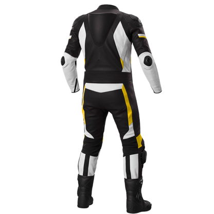 Black, white, and yellow motorcycle suit on a white background