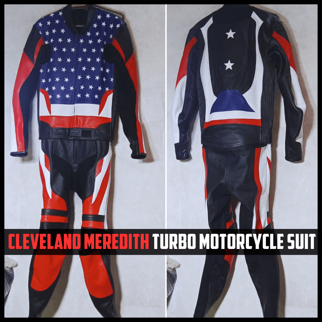 Motorcycle suit with American flag design on a plain background