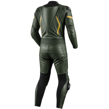 Green motorcycle leather suit on a white background