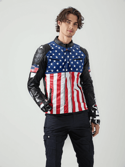 A detailed view of the jacket’s black leather sleeve with protective padding, USA flag patch, and brand logos.