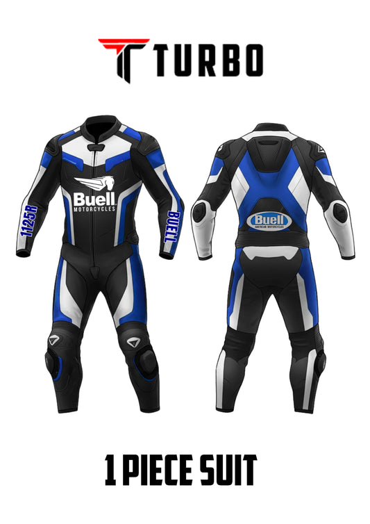 Motorcycle racing suit with Buell and Turbo branding on a white background