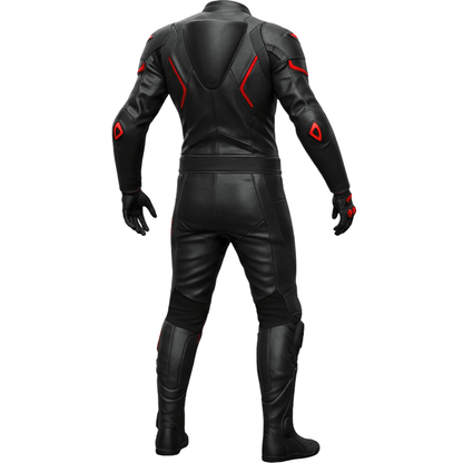 Black leather motorcycle suit with red accents on a white background