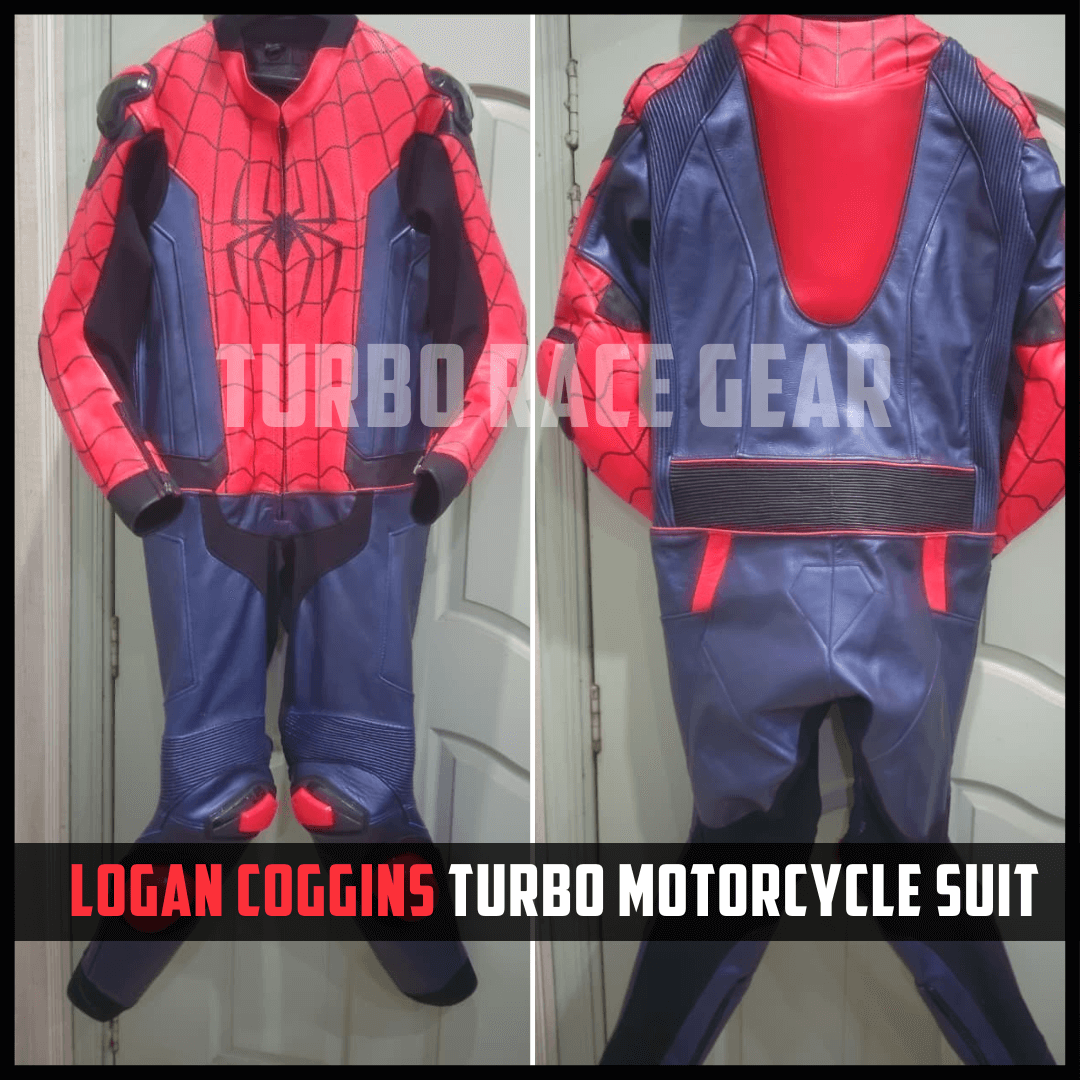 Turbo motorcycle suit with red and blue design, featuring a spider emblem, on a plain background.