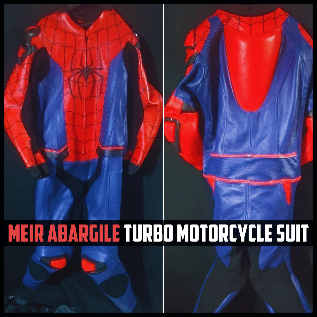 Turbo motorcycle suit with red and blue design, featuring a spider emblem, on a dark background.