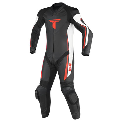 A black and red line motorcycle race suit with metal armor and a CE-level 2 back and thigh protector.