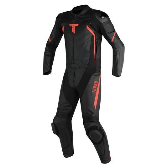 A black motorcycle race suit with red accents, featuring metal armor and branding on the chest, back, and thigh.