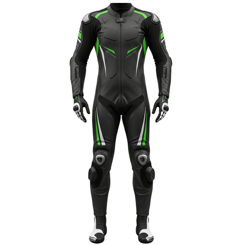 Black motorcycle racing suit with green accents on a white background
