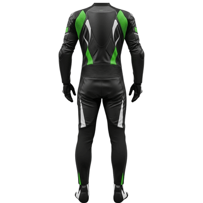 Black motorcycle racing suit with green accents on a white background