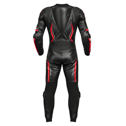 Black leather racing suit with red accents on a white background