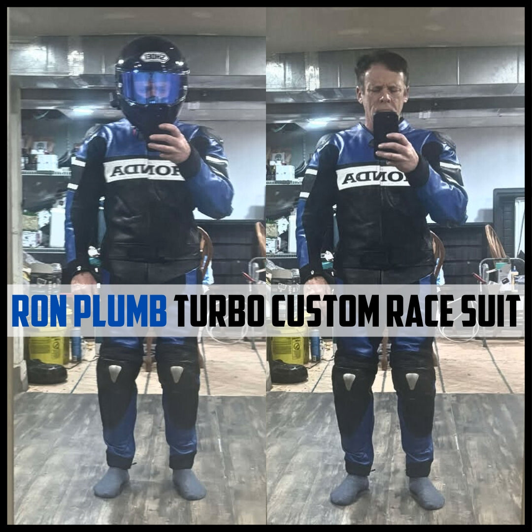 Person wearing a Ron Plumb turbo custom race suit taking a mirror selfie.