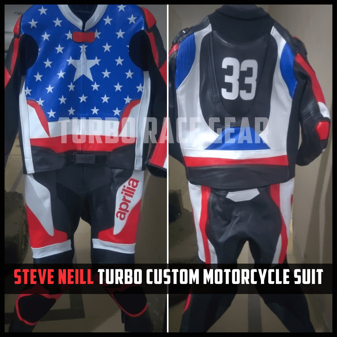 Motorcycle suit with American flag design and number 33, branded 'Aprilia'.