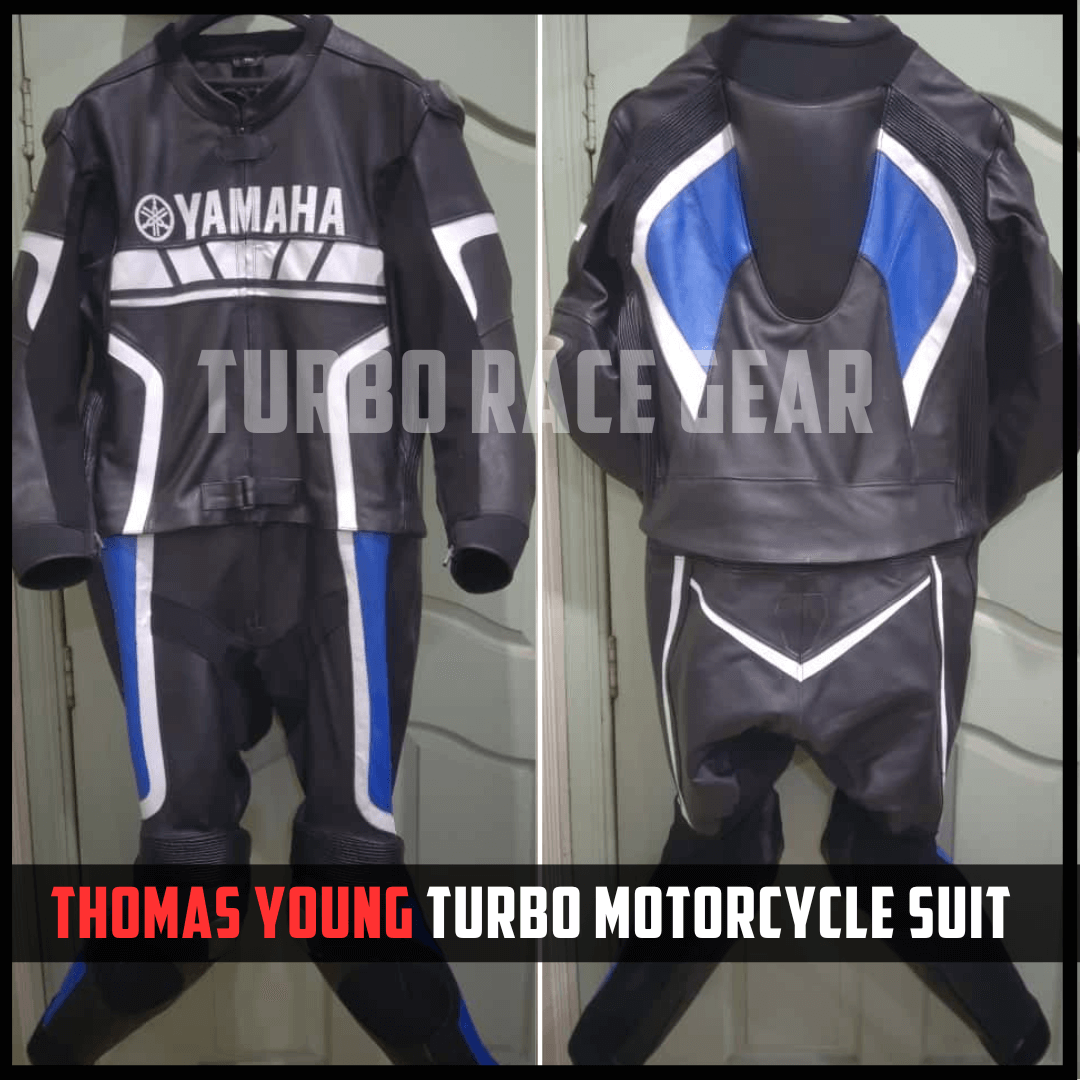 Motorcycle suit with Yamaha branding on a plain background