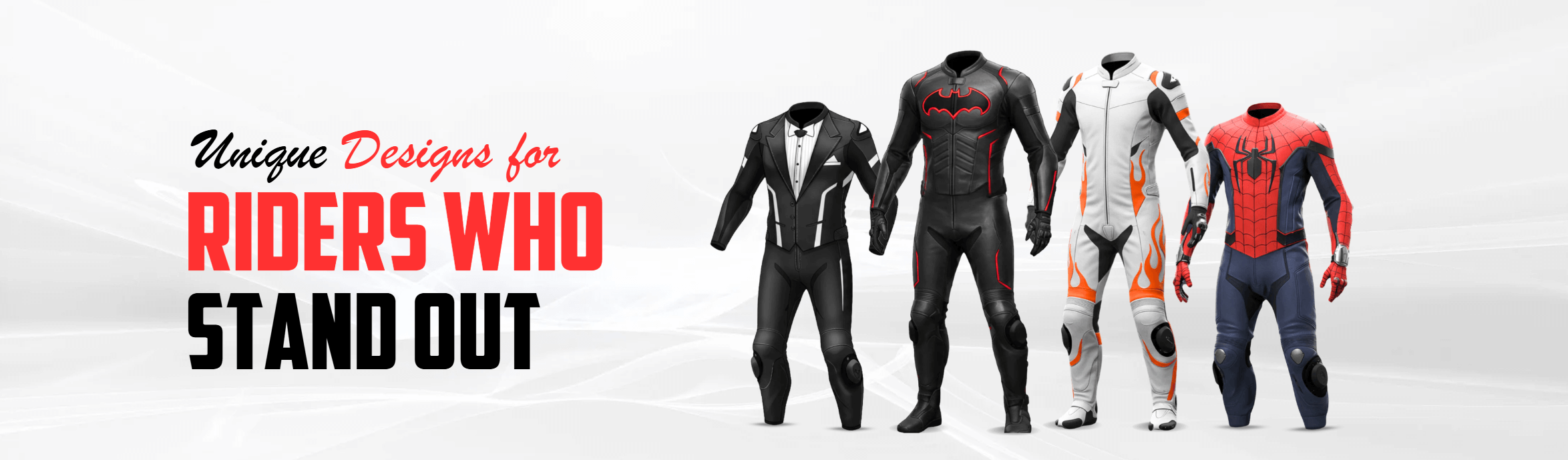 Motorcycle suits with unique designs on a white background