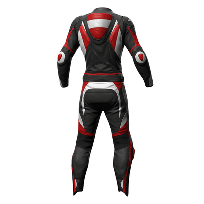 Black, red, and white motorcycle racing suit on a white background