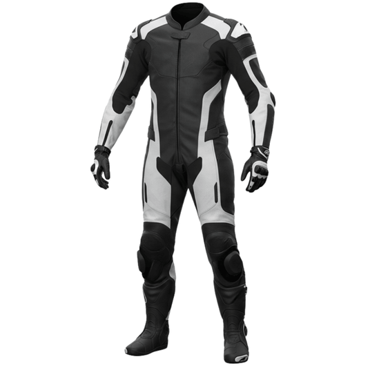 Black and gray motorcycle racing suit on a white background