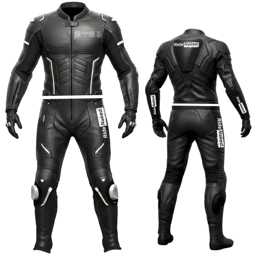 Black motorcycle racing suit with protective padding on a white background