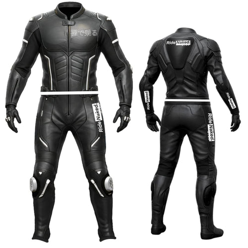 Black motorcycle racing suit with protective padding on a white background