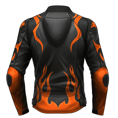 Back view of a black motorcycle leather jacket featuring a striking orange flame pattern and durable construction.
