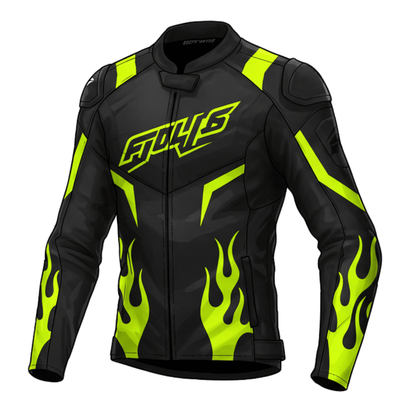 A high-quality black motorcycle leather jacket with neon yellow flame graphics and angular accents, featuring protective armor on the shoulders and elbows, a front zipper closure, and the word 'FURY' in bold lettering on the chest.
