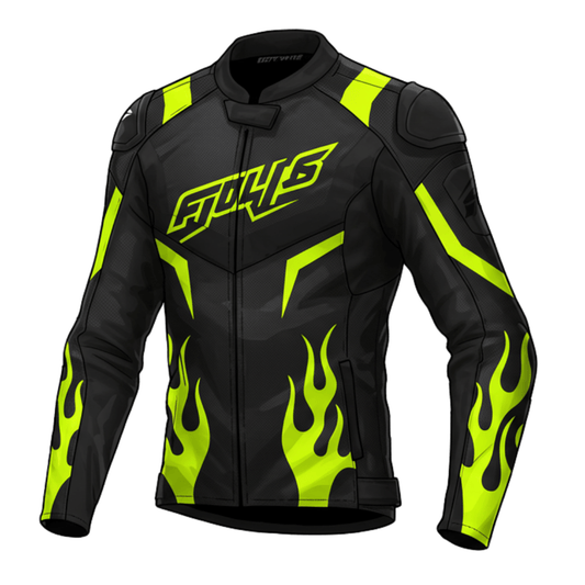 A high-quality black motorcycle leather jacket with neon yellow flame graphics and angular accents, featuring protective armor on the shoulders and elbows, a front zipper closure, and the word 'FURY' in bold lettering on the chest.