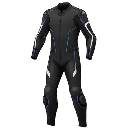 Black and blue motorcycle leather suit with CE-approved armor and spine protection