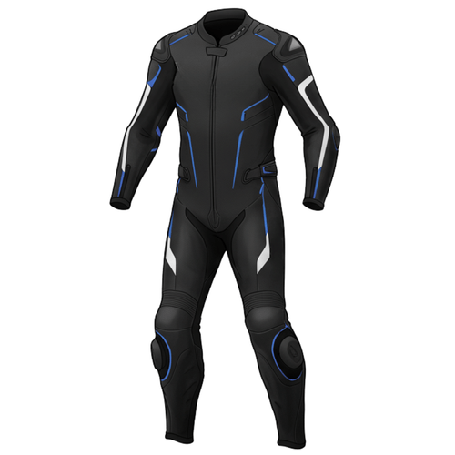 Black and blue motorcycle leather suit with CE-approved armor and spine protection