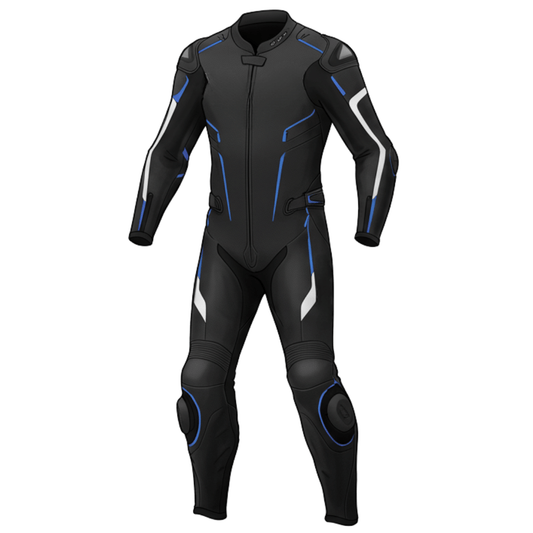 Black and blue motorcycle leather suit with CE-approved armor and spine protection