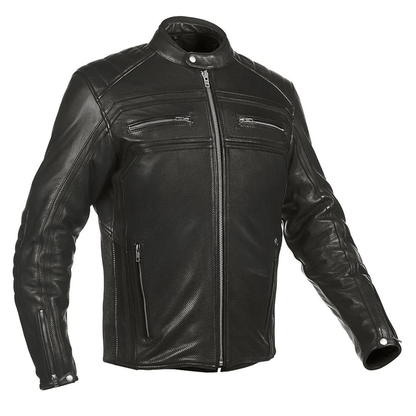A black leather motorcycle jacket with a mandarin collar, zipper cuffs, and embroidered leather applique graphics on the arms and back.