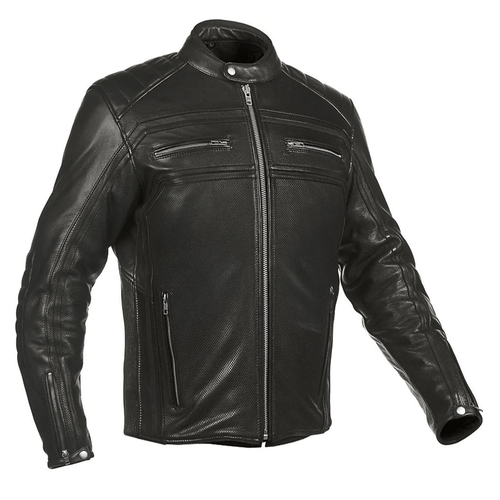 A black leather motorcycle jacket with a mandarin collar, zipper cuffs, and embroidered leather applique graphics on the arms and back.