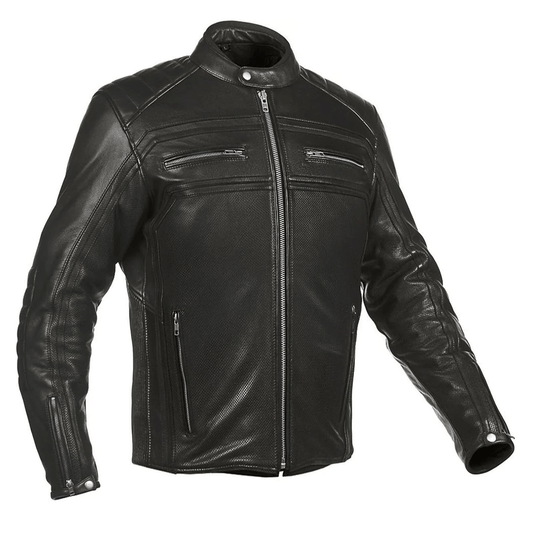A black leather motorcycle jacket with a mandarin collar, zipper cuffs, and embroidered leather applique graphics on the arms and back.
