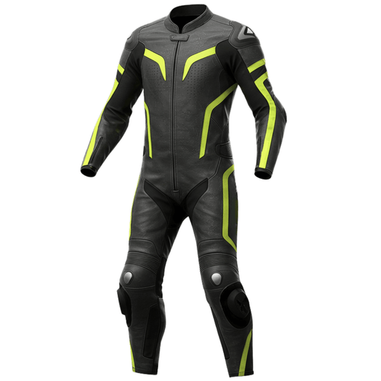 Black leather motorcycle suit with yellow accents on a white background