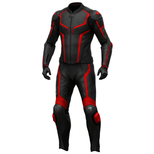 Black and red motorcycle suit on a white background