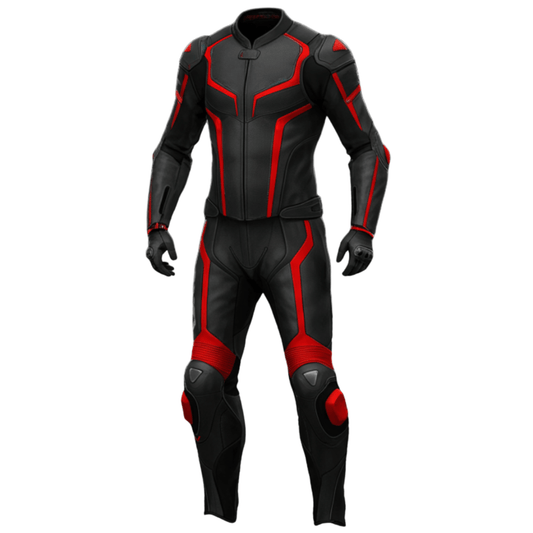 Black and red motorcycle suit on a white background