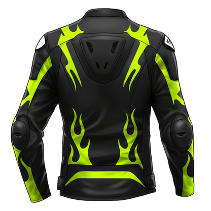 Rear view of a black and yellow motorcycle jacket featuring flame graphics, reinforced armor, and sleek design for ultimate rider protection.