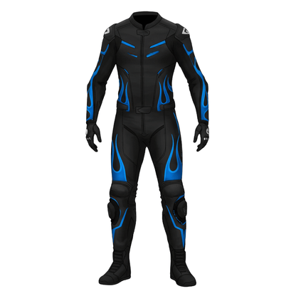 Black motorcycle suit with blue accents on a white background
