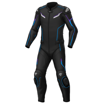 Blue and black motorcycle leather suit with CE-certified protective armor