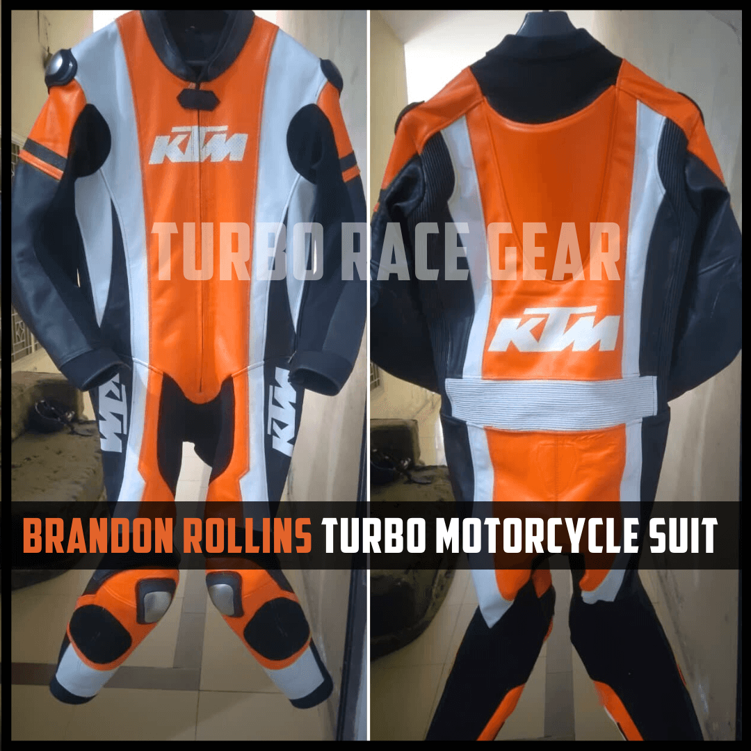 Orange and black motorcycle suit with KTM branding on a plain background