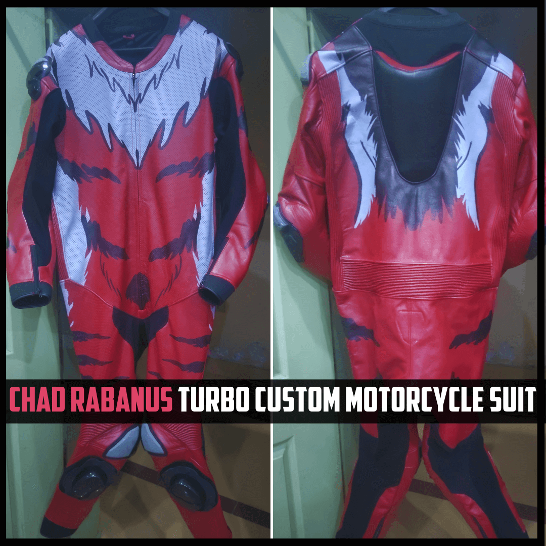 Red, black, and white motorcycle suit with 'Chad Rabanus Turbo Custom Motorcycle Suit' text.