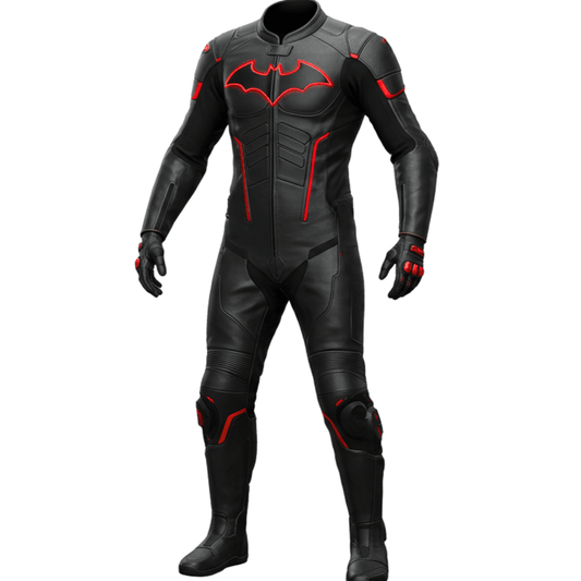 Black leather suit with red accents on a white background