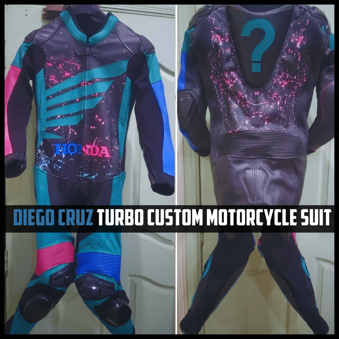 Turbo custom motorcycle suit with 'Honda' branding and colorful design.