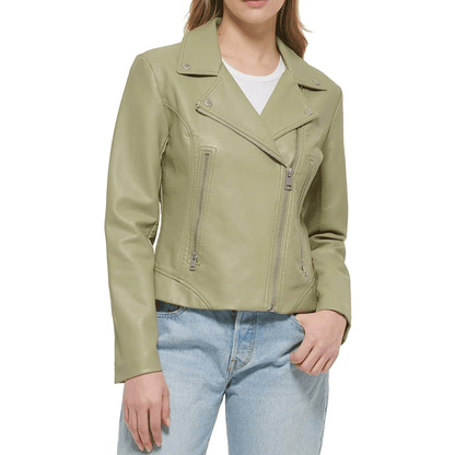 A green leather motorcycle jacket with a mandarin collar, zipper details, and a front zipper pocket, worn by a female model with jeans.