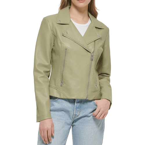 A green leather motorcycle jacket with a mandarin collar, zipper details, and a front zipper pocket, worn by a female model with jeans.